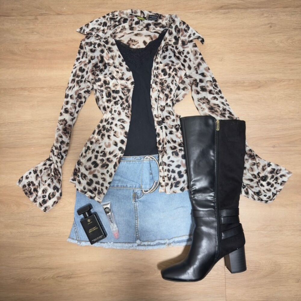 Y2K Leopard Print Press Sheer Button Up Blouse